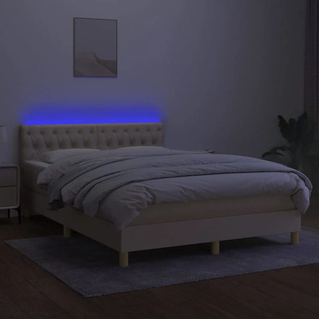 Cama box spring c/ colchão e LED 140x190 cm tecido cor creme