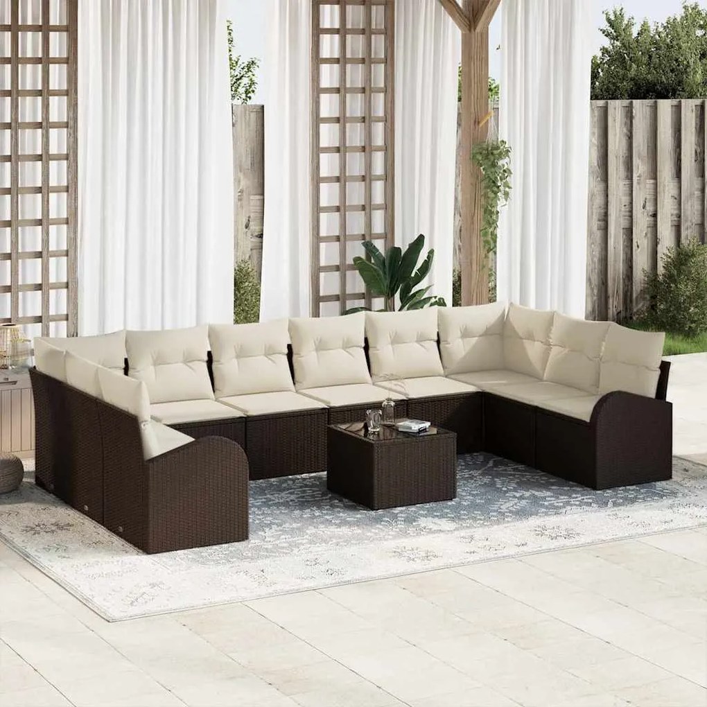 vidaXL Conjunto de Sofá de Jardim 11 pcs Marrom e Creme vime PE