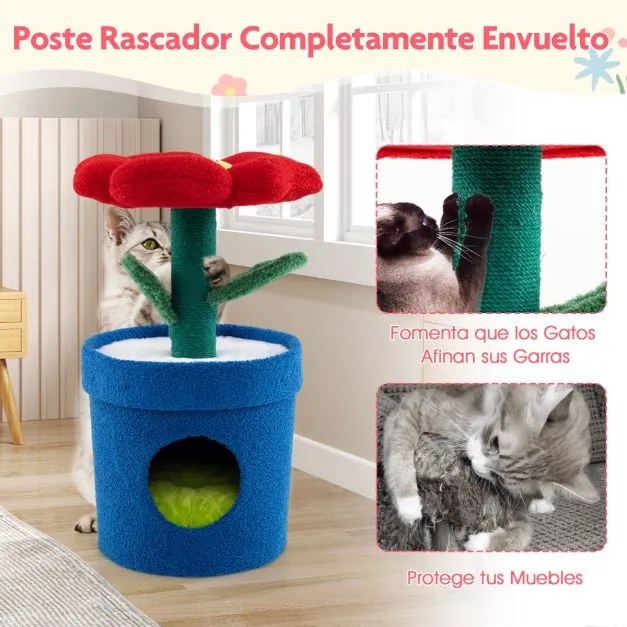 Arranhador Gatos 43 x 43 x 72,5 cm de 3 níveis com mirante superior e ama privado Poste para arranhar Centro de atividades para gatinhos Vermelho
