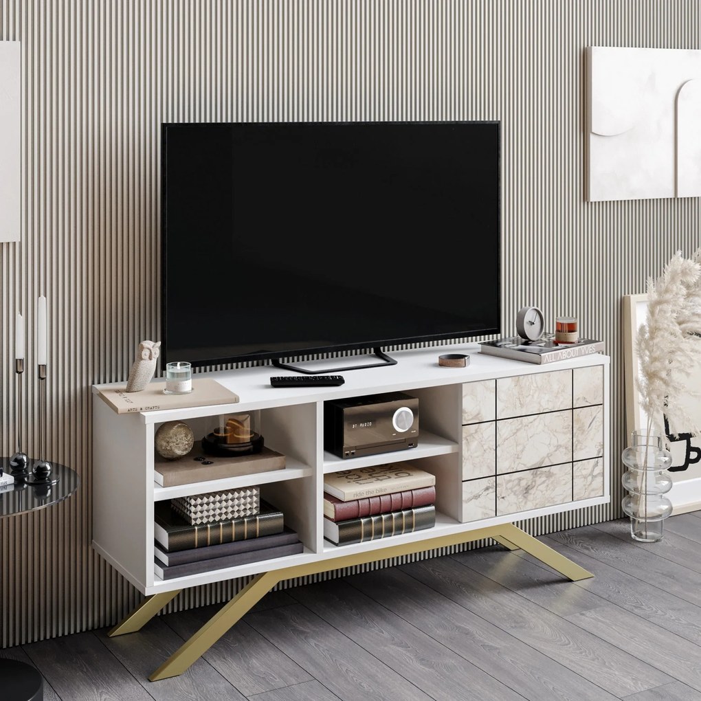 Móvel TV North – Branco e Dourado – 130 cm x 38,6 cm x 58,6 cm
