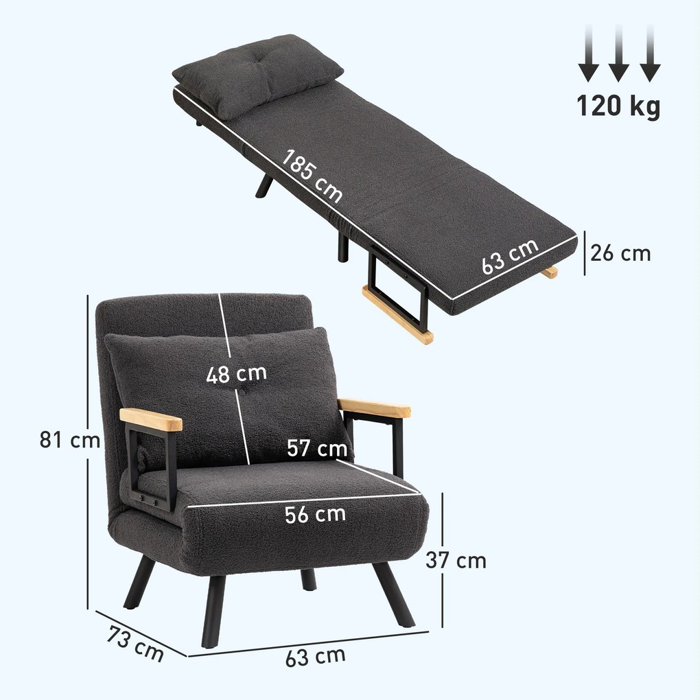Poltrona Convertível em Cama Poltrona 3 em 1 Convertível em Cama com Encosto Ajustável em 5 Níveis 63x73x81 cm Cinza