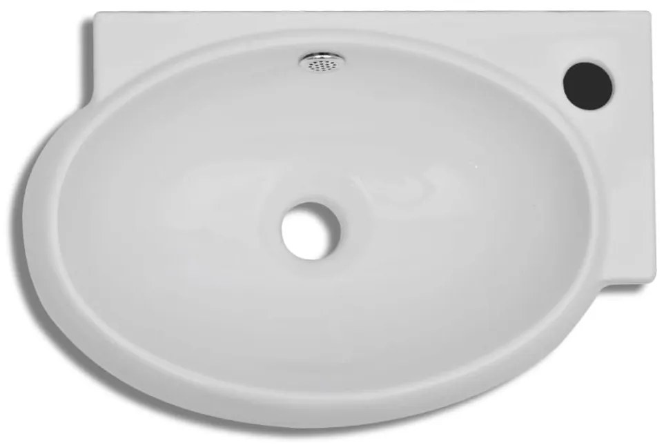 Lavatório cerâmica branco com abertura para torneira e orifício de des