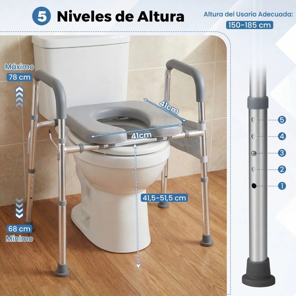 Assento elevatório para sanita para idosos e grávidas, com altura e largura ajustáveis, apoios de braços almofadados e bolso, estrutura em alumínio Pr