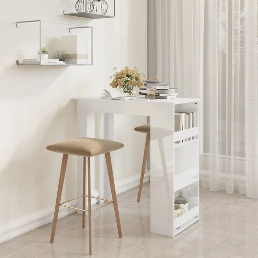 vidaXL Mesa de bar c/ prateleiras 102x50x103,5 cm branco brilhante