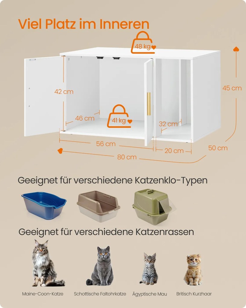 Móvel para caixa de areia para gatos com divisória removível 80 x 50 x 45 cm (CAIXA PLASTICA NÃO INCLUIDA), branca