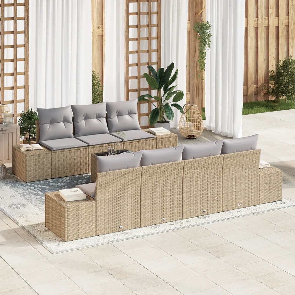 Conjunto de Sofás de Jardim 8 Peças com Almofadas Bege Ráfia
