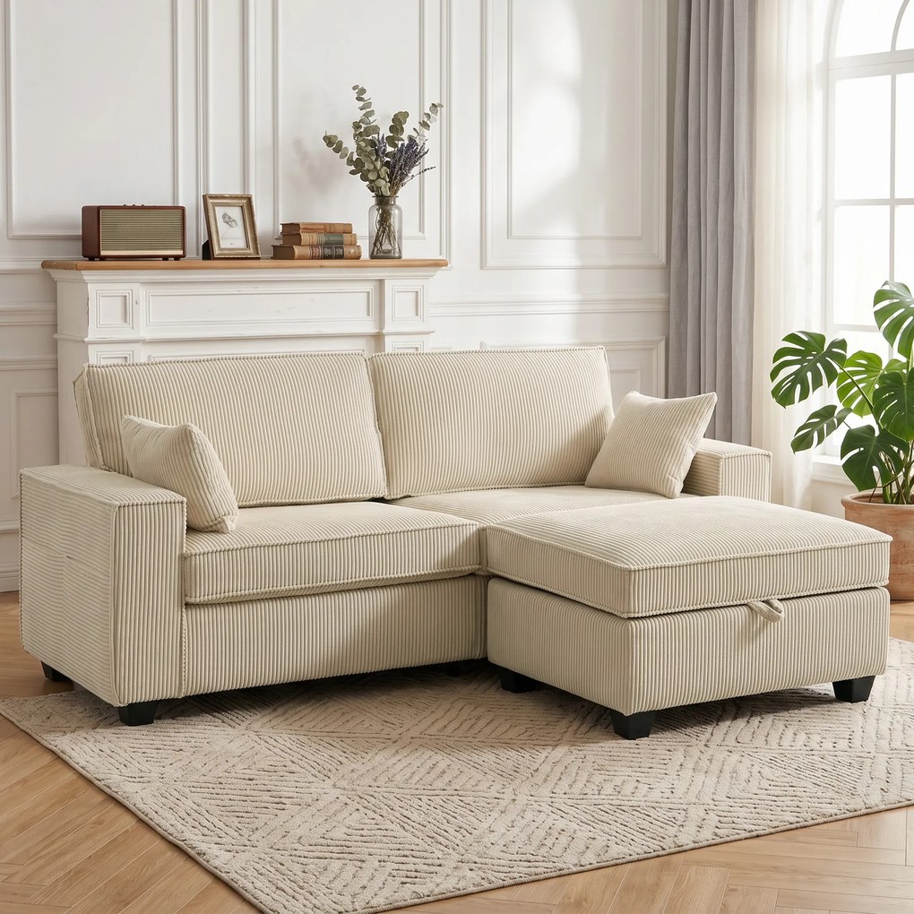 Sofá de 3 lugares 216x 151 x 94 cm com pufe com espaço de arrumação, sofá de canto em veludo canelado, assento largo, 2 almofadas, bege