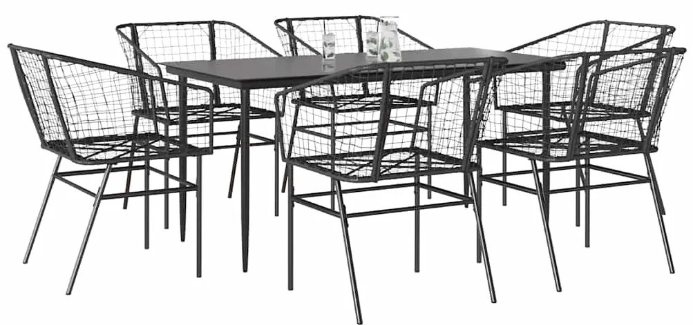 Conjunto de jantar jardim 7 peças vidro vime PE preto
