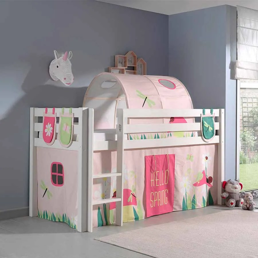 Conjunto Cama alta de Criança PINO 90 x 200 cm + estrado + escada + cortina +3 bolsas + túnel Primavera Branca