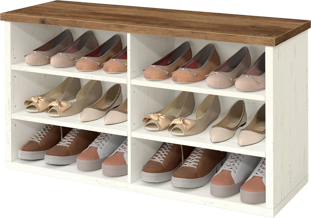 Banco arrumação para sapatos com banco 29,5 x 100 x 50 cm, compartimentos ajustáveis, 6 prateleiras Branco-castanho