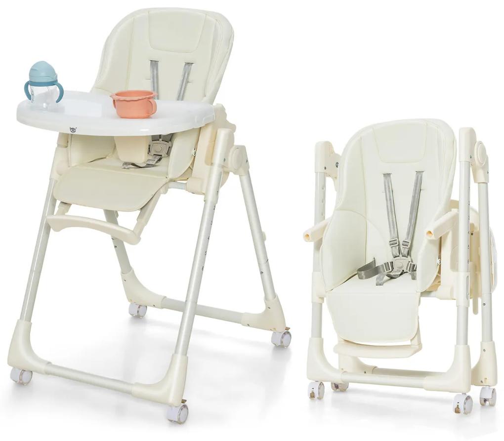 Cadeira refeição alta dobrável para bebés ajustável com 4 rodas traváveis ​​Almofada de bandeja removível de 6 alturas 70 x 56 x 88-106 cm Bege