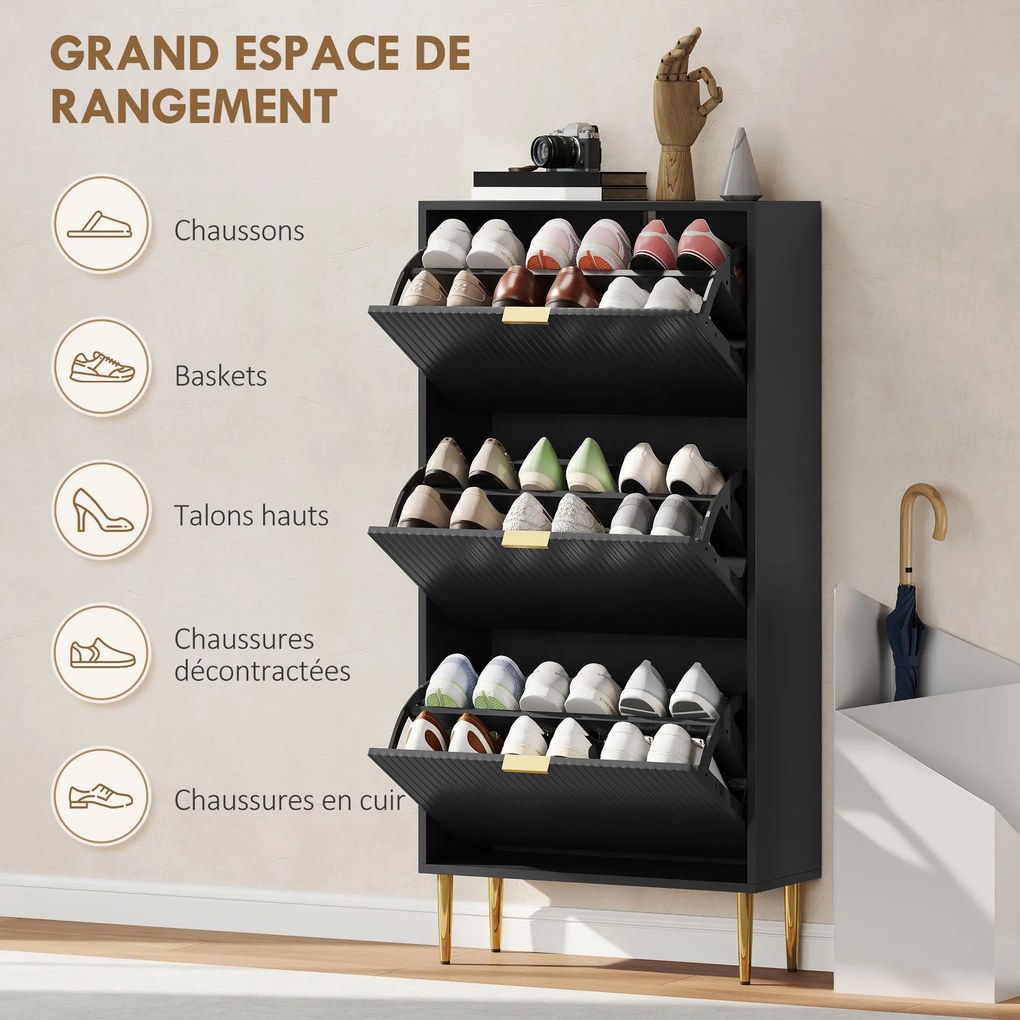 Sapateira com capacidade para 18 pares 60 x 24 x 122,5 cm, com 3 gavetas rebatíveis, portas caneladas e prateleiras ajustáveis, preto