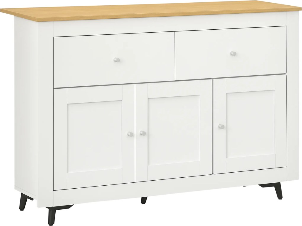 HOMCOM Aparador Móvel Auxiliar de Cozinha com 2 Gavetas 3 Portas Móvel de TV de até 50 Polegadas 117x35x80 cm Branco e Madeira | Aosom Portugal