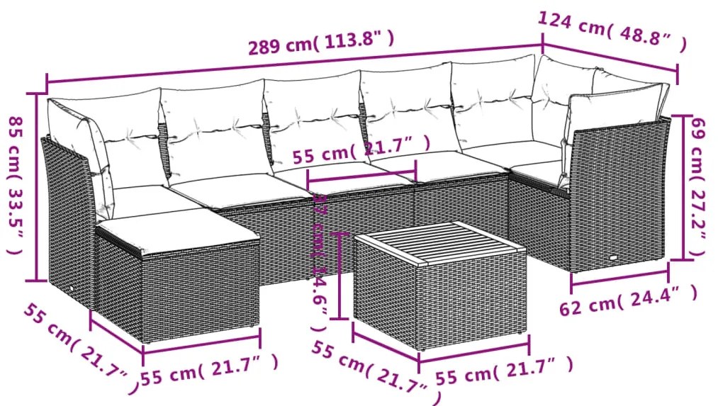 8 pcs conj. sofás jardim c/ almofadões vime PE bege misturado