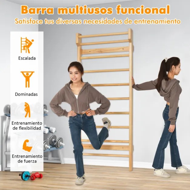 Barras de parede escada ginástica, encosto de madeira para academia, fitness, carga doméstica de 150 kg, inclui 4 âncoras, 195 x 81 x 14 cm