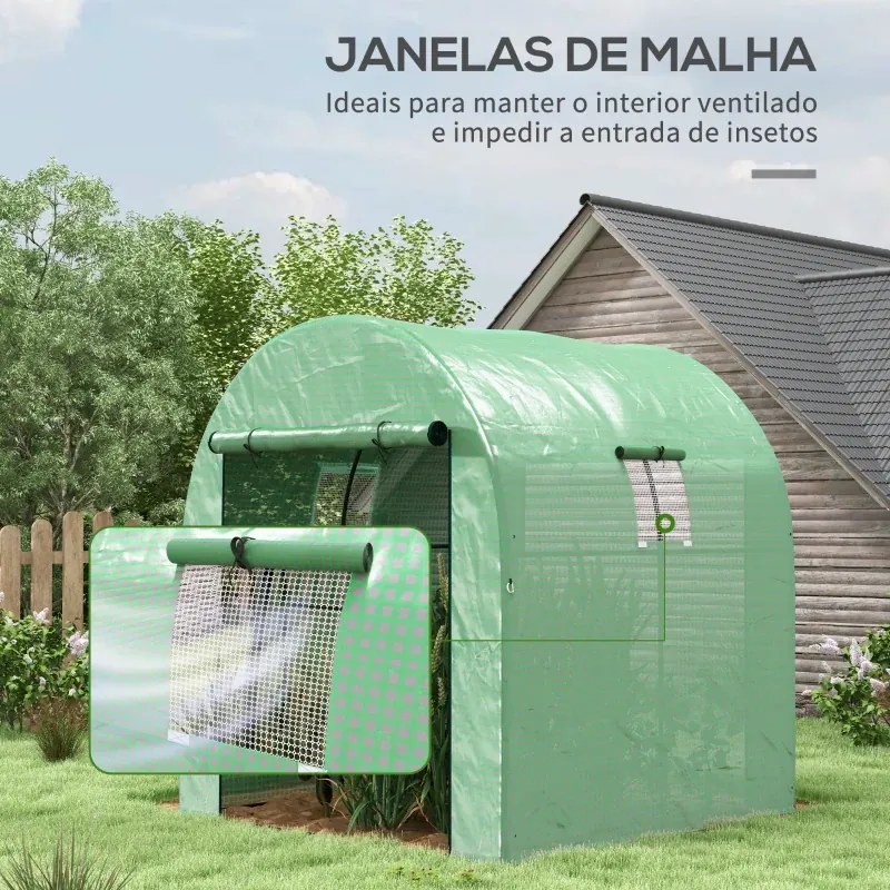 Estufa de Exterior 180x180x200 cm com 2 Portas Enroláveis 2 Janelas em Rede Cobertura PE 135g/m² Anti-UV Cultivo e Plantas Verde