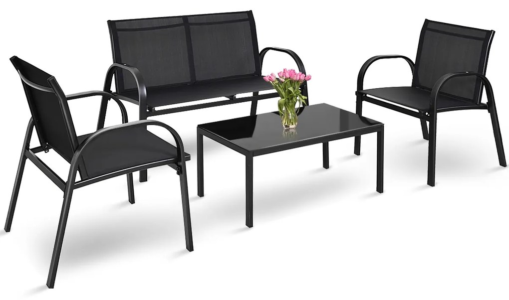 Conjunto Jardim de Mesa de Centro, 2 Cadeiras, Banco e Mesa de Centro de Jardim em Ferro e Malha para Terraço Exterior Preto