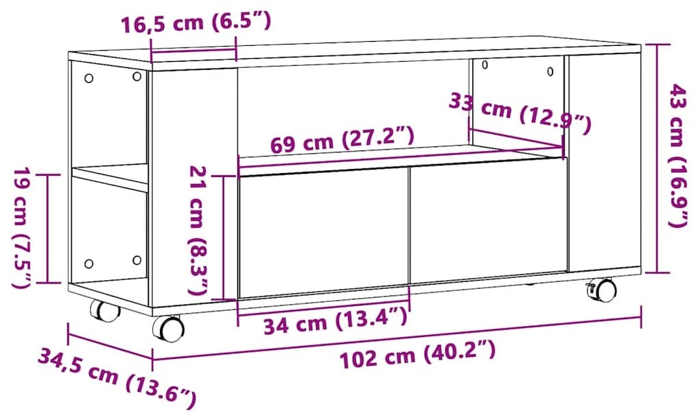 Móvel de TV c/ rodas 102x34,5x43cm deriv. madeira madeira velha