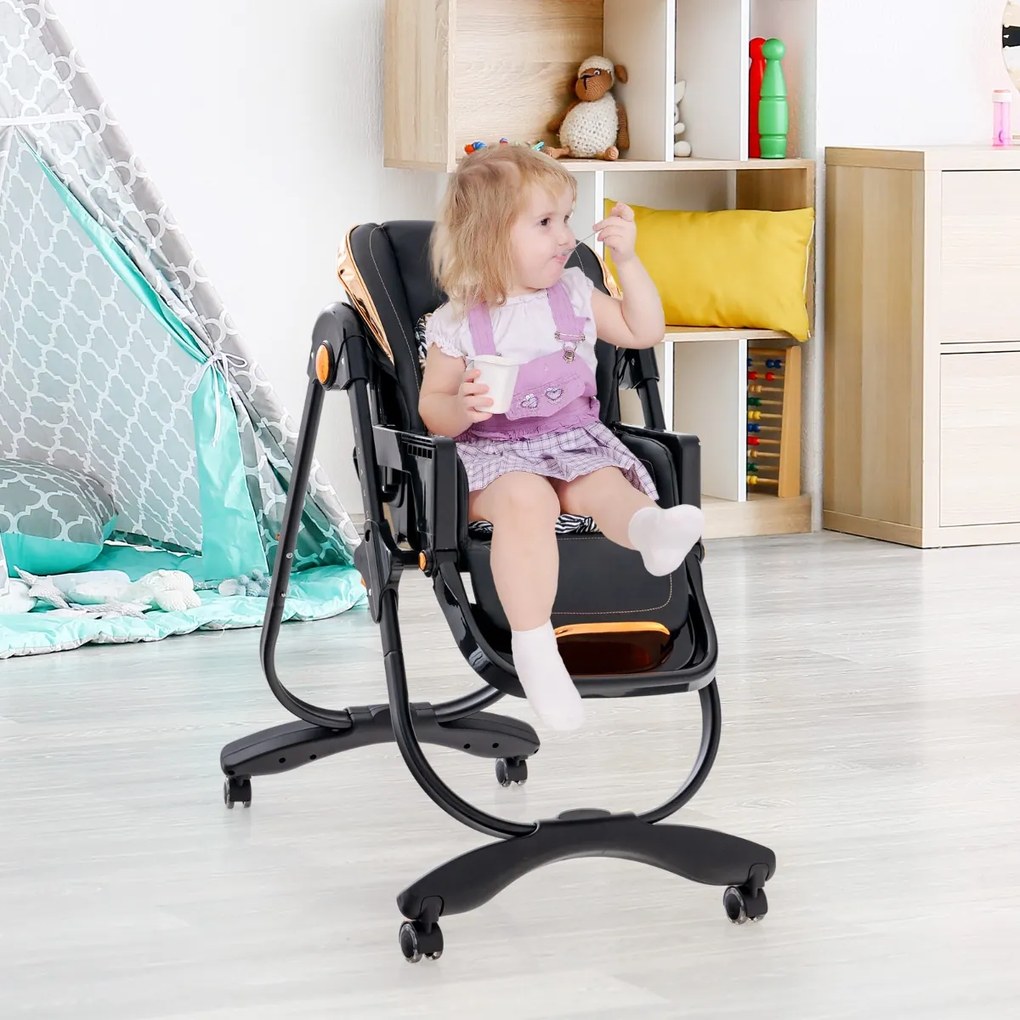 Cadeira alta dobrável para bebés com rodas Altura e reclinação Ajustável Apoio para os pés em 3 posições e tabuleiro duplo 96,5 x 55 x 99-109 cm Preta