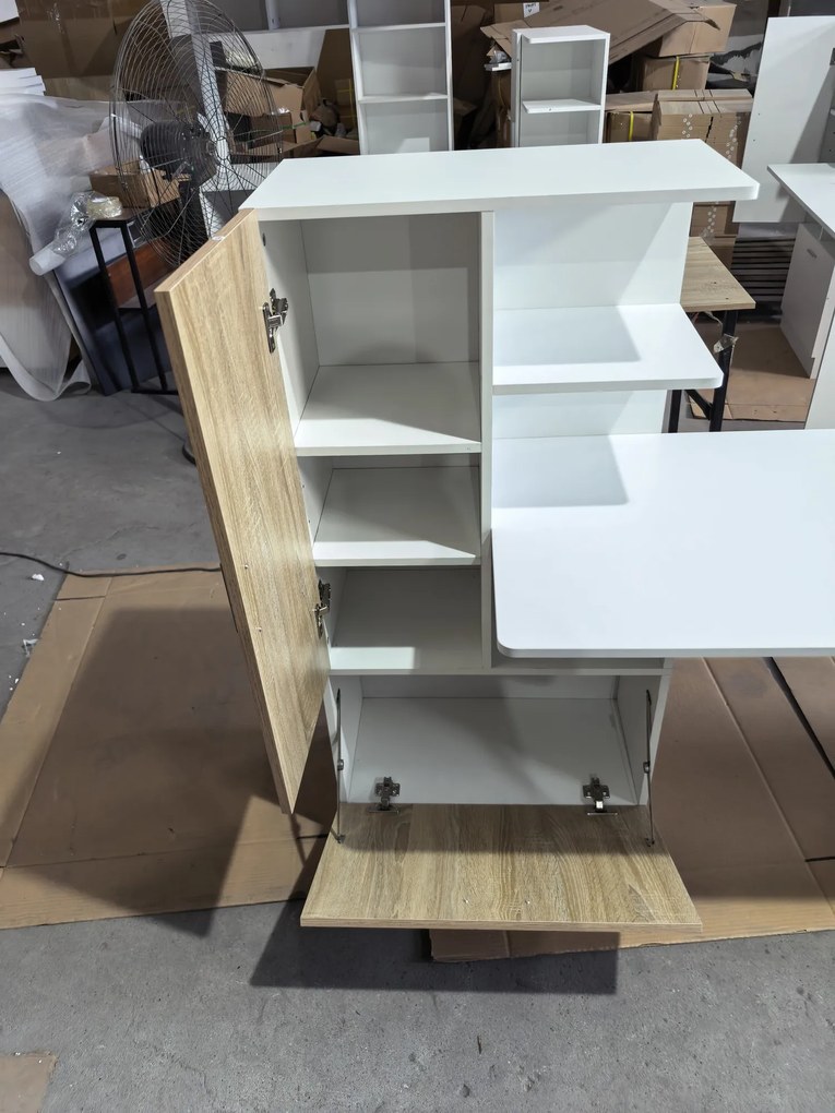HOMCOM Secretária de Computador com Estante, Secretária com Armário e Prateleiras Abertas, 150x55x122cm, Branco e Madeira Natural | Aosom Portugal