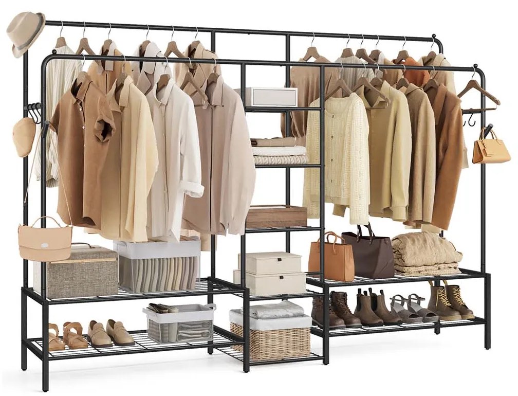 Guarda roupa 45 x 195 x 172,8 cm de metal com 9 prateleiras para quarto, preto