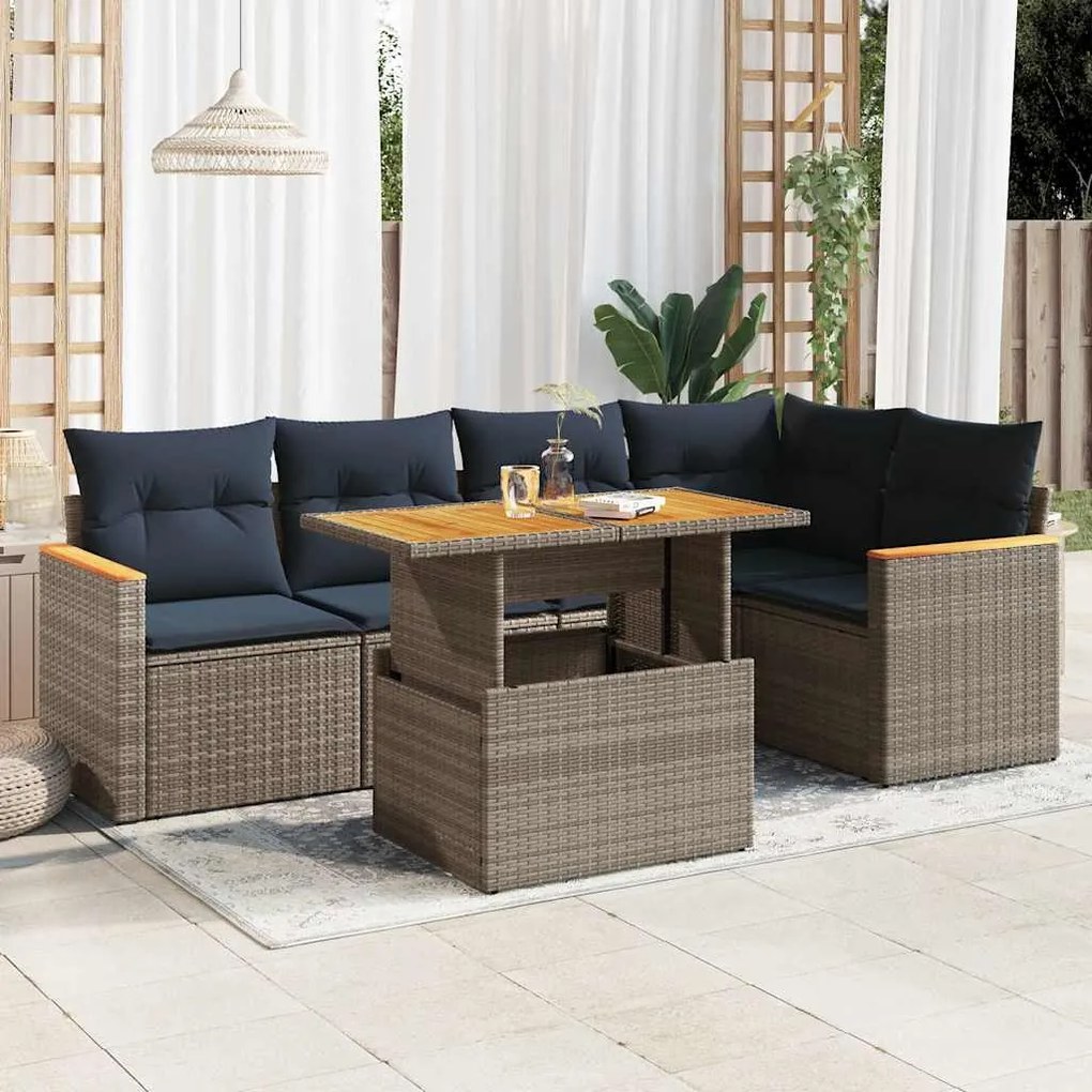6 pcs conjunto sofás de jardim com almofadões vime cinzento