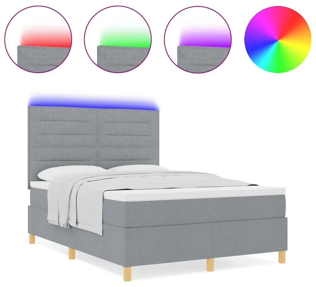 Cama Box com Colchão &amp; LED Cinza Claro 140x200 cm Tecido