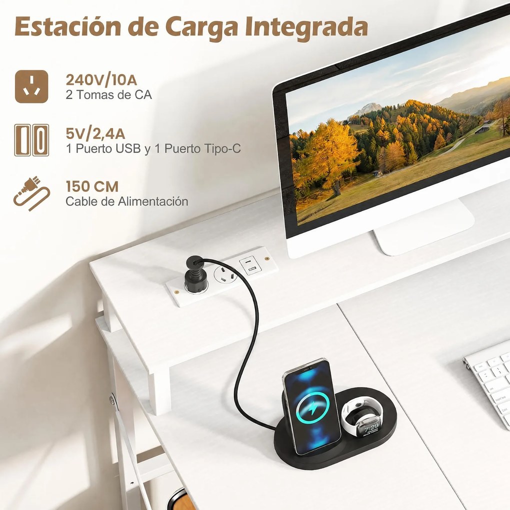 Secretária Gaming para Computador, 120 x 50 x 87 cm, Estação de Carregamento Integrada, Branco