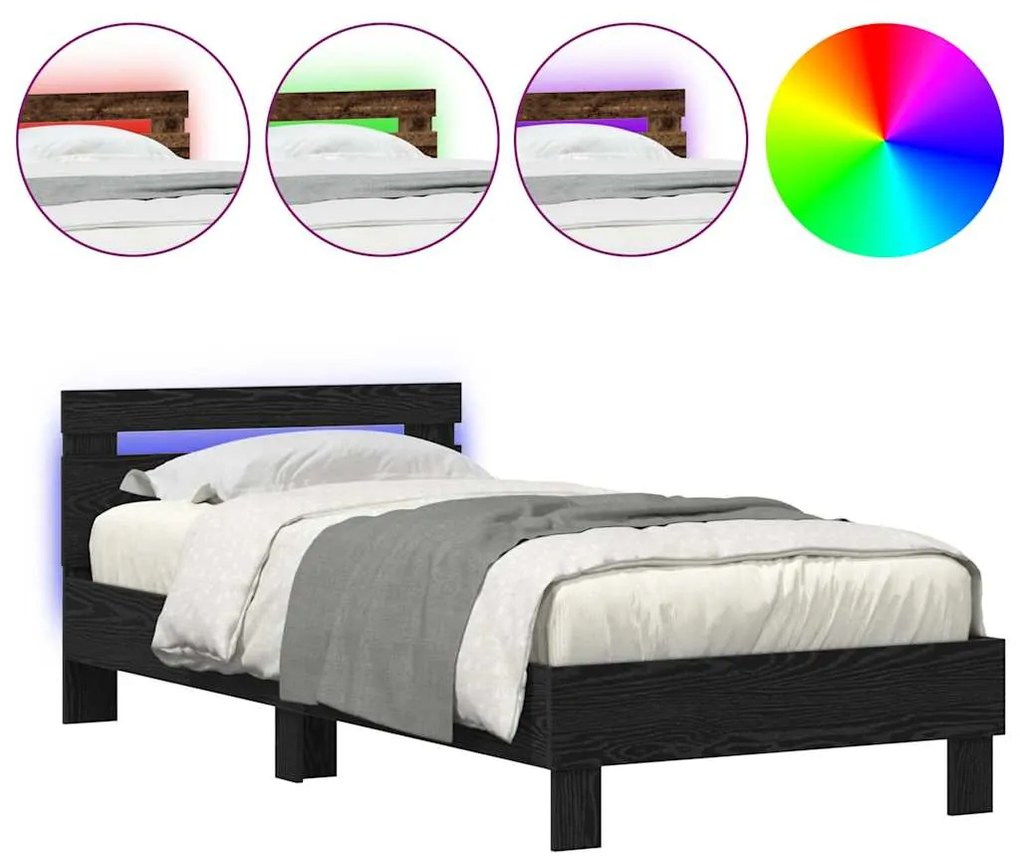 Estrutura de Cama com Luzes LED Carvalho Preto 90x190 cm Madeira Engen