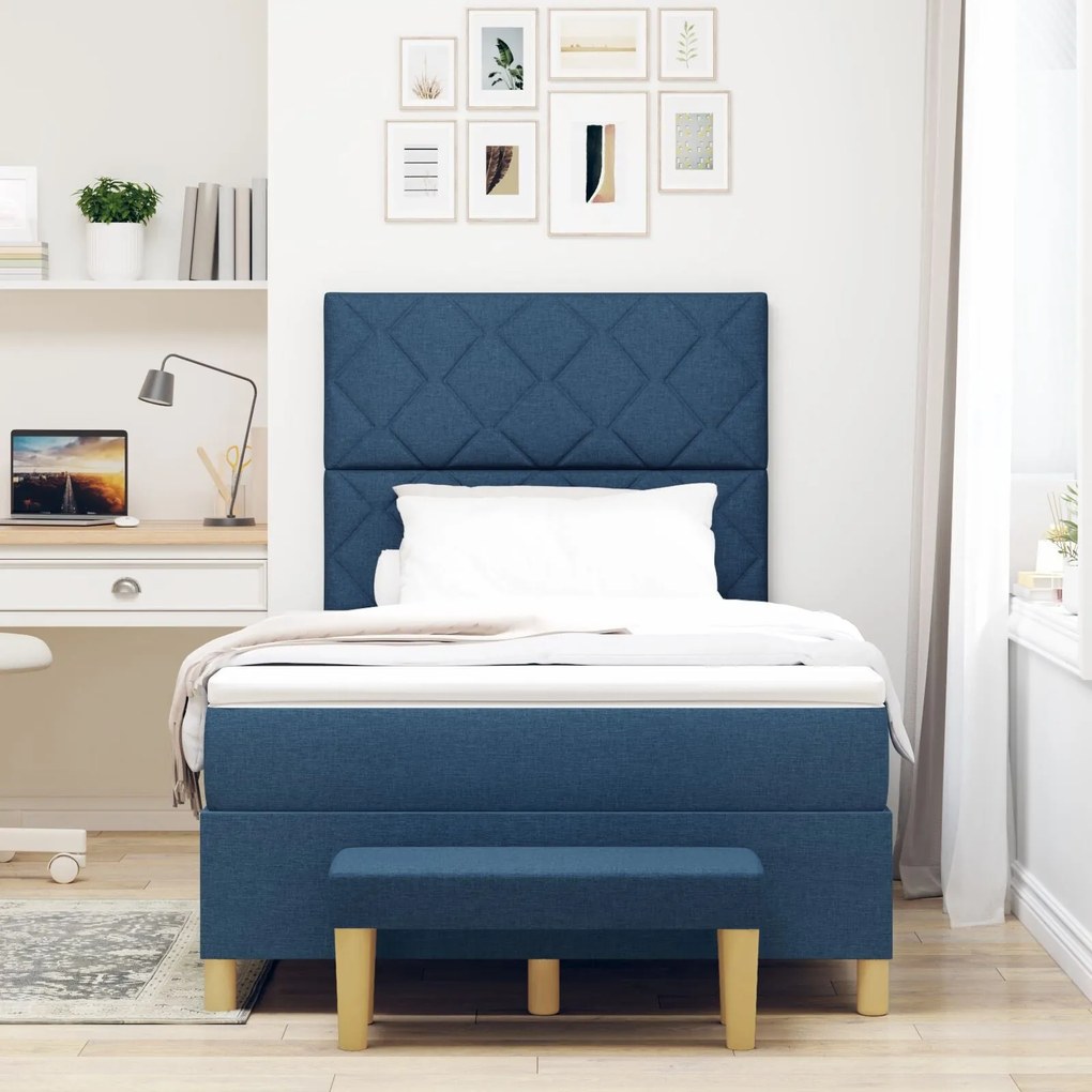 Cama Box com Colchão e Banco Azul 120x190 cm Tecido