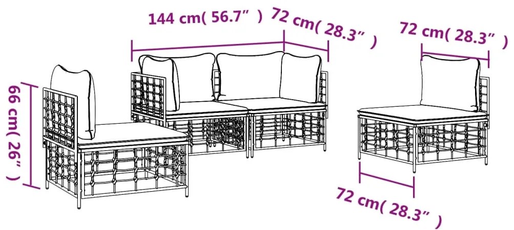 4 pcs conjunto lounge de jardim c/ almofadões vime PE antracite