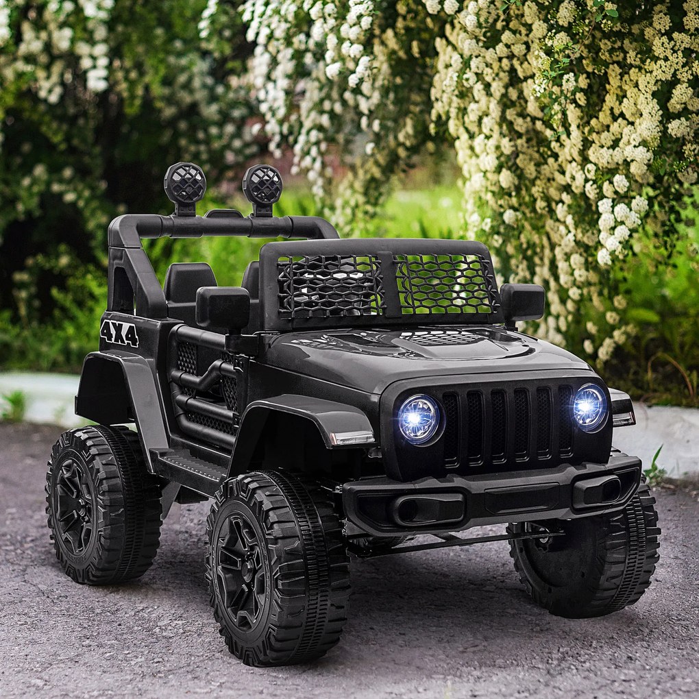 Jipe Elétrico para Crianças com Bateria de 12V 2 Motores Controlo Remoto 2,4G Faróis Buzina Velocidade Ajustável 100x65x72 cm Preto
