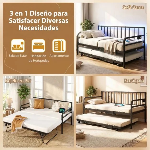 Sofá-cama individual com luzes LED205 x 90 x 96,5 cm (COLCHÕES NÃO INCLUIDOS), base metálica e cama extra extraível, estação de carregamento integrada
