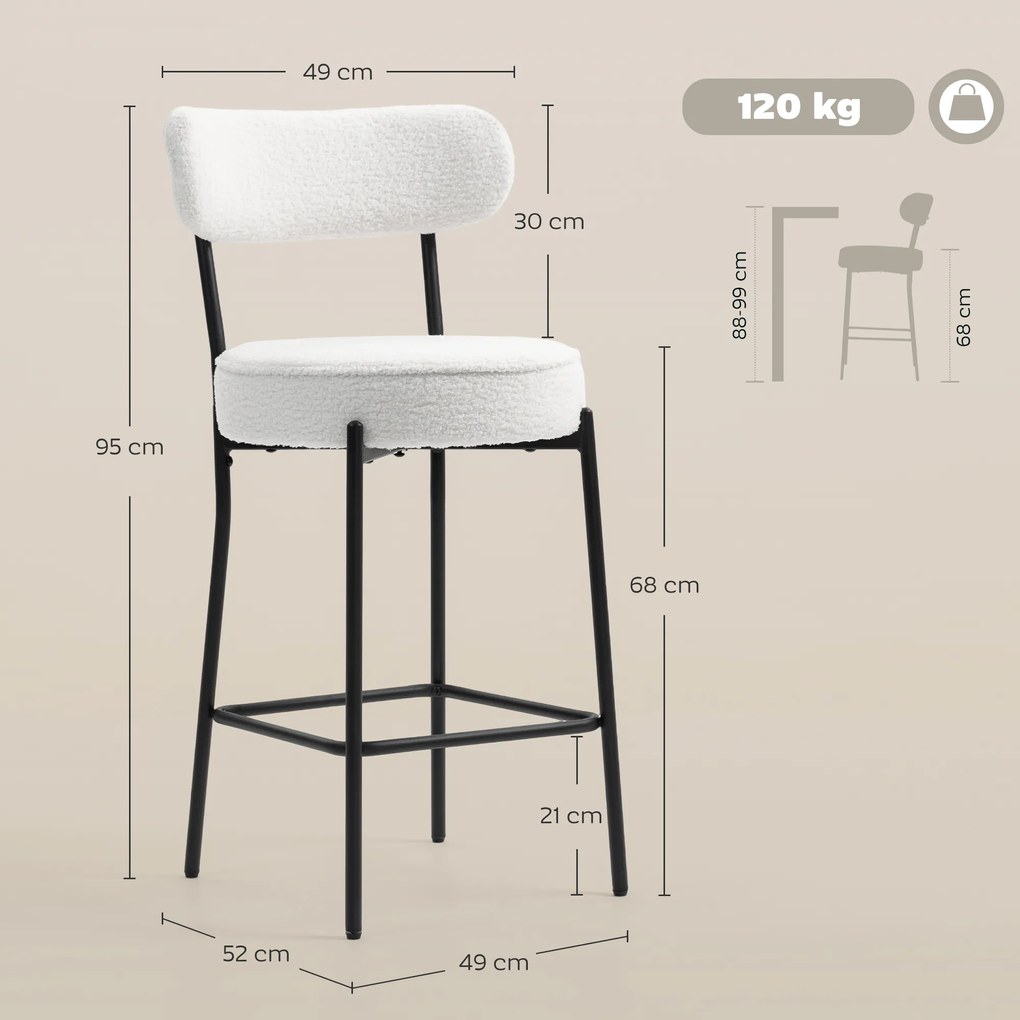 Conjunto de 2 bancos de bar em tecido felpudo, bancos de bar com encosto curvo e apoio para os pés, 49 x 52 x 95 cm, creme