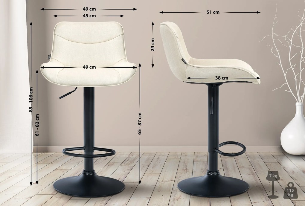 Banco alto em tecido com estrutura preta 85-106 x 49 x 51 cm cor creme