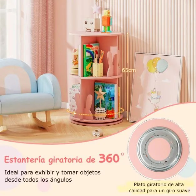 Estante giratória para crianças 40 x 40 x 65 cm Estante infantil com 2 níveis e separadores em forma de coelho  Rosa