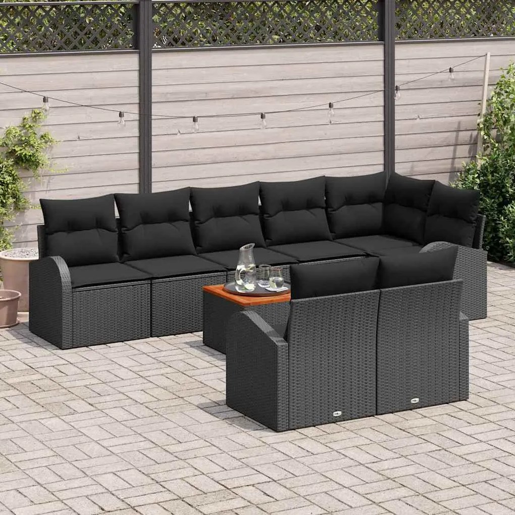 Conjunto de Sofá Jardim de 9 Peças com Almofadas Preto Polirattan Acác