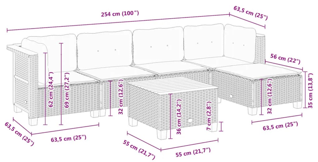 6 pcs conjunto sofás de jardim com almofadões vime cinzento