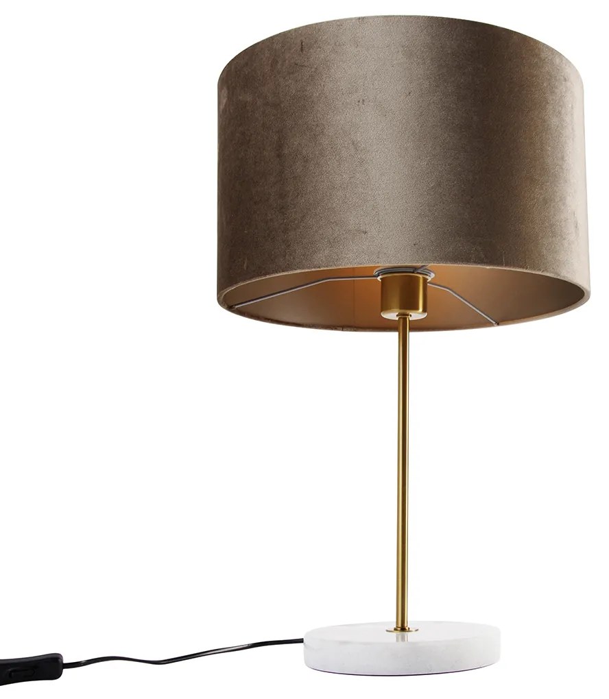 Candeeiro de mesa latão com abajur de veludo bege acinzentado 35cm - Kaso Clássico / Antigo