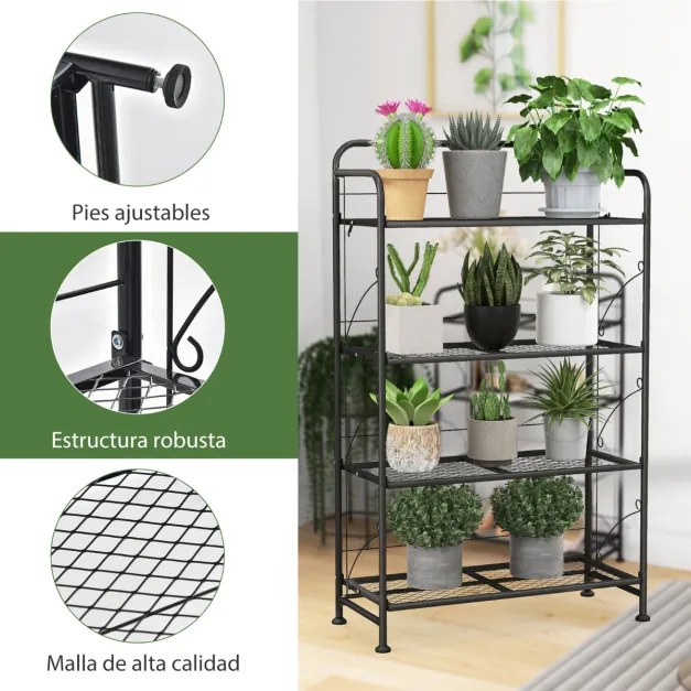 Suporte de plantas de metal ajustável de 4 camadas para exibição de varanda interna de jardim 60 x 25 x 100 cm preto