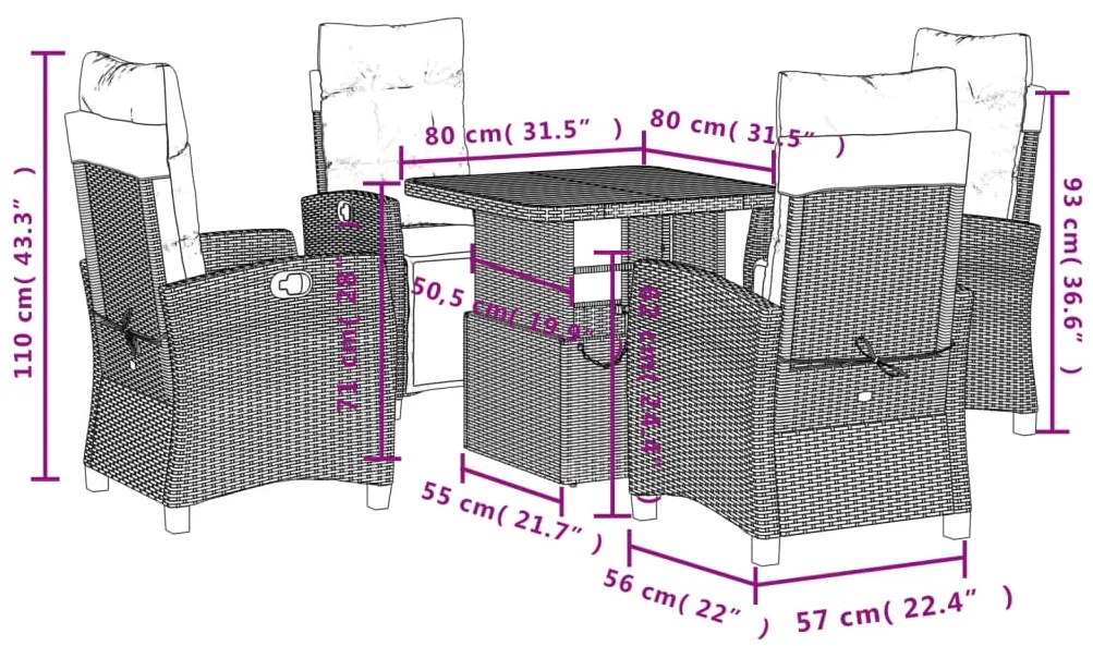 5 pcs conjunto de jantar p/ jardim c/ almofadões vime PE preto