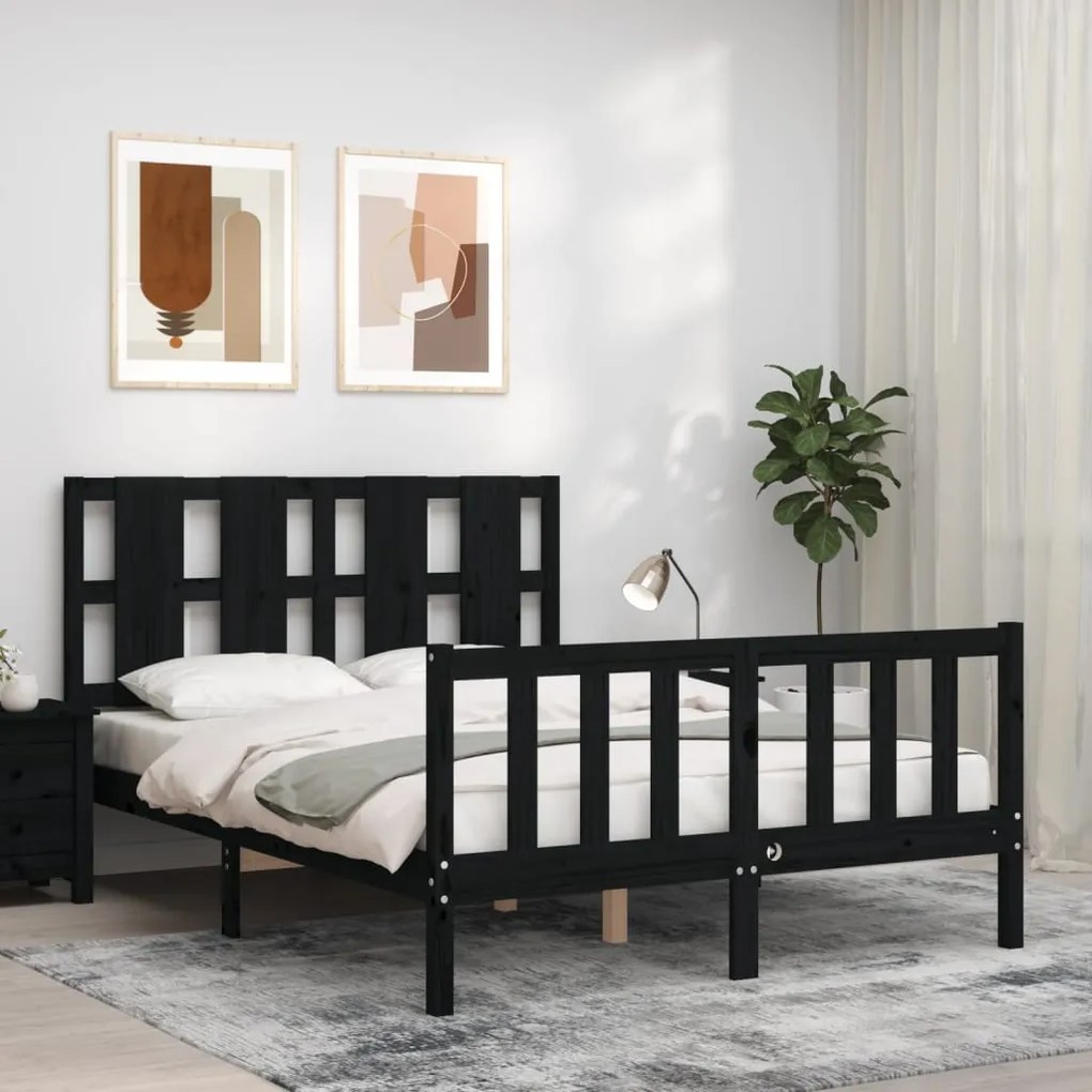 vidaXL Estrutura de cama com cabeceira 140x190 cm madeira maciça preto