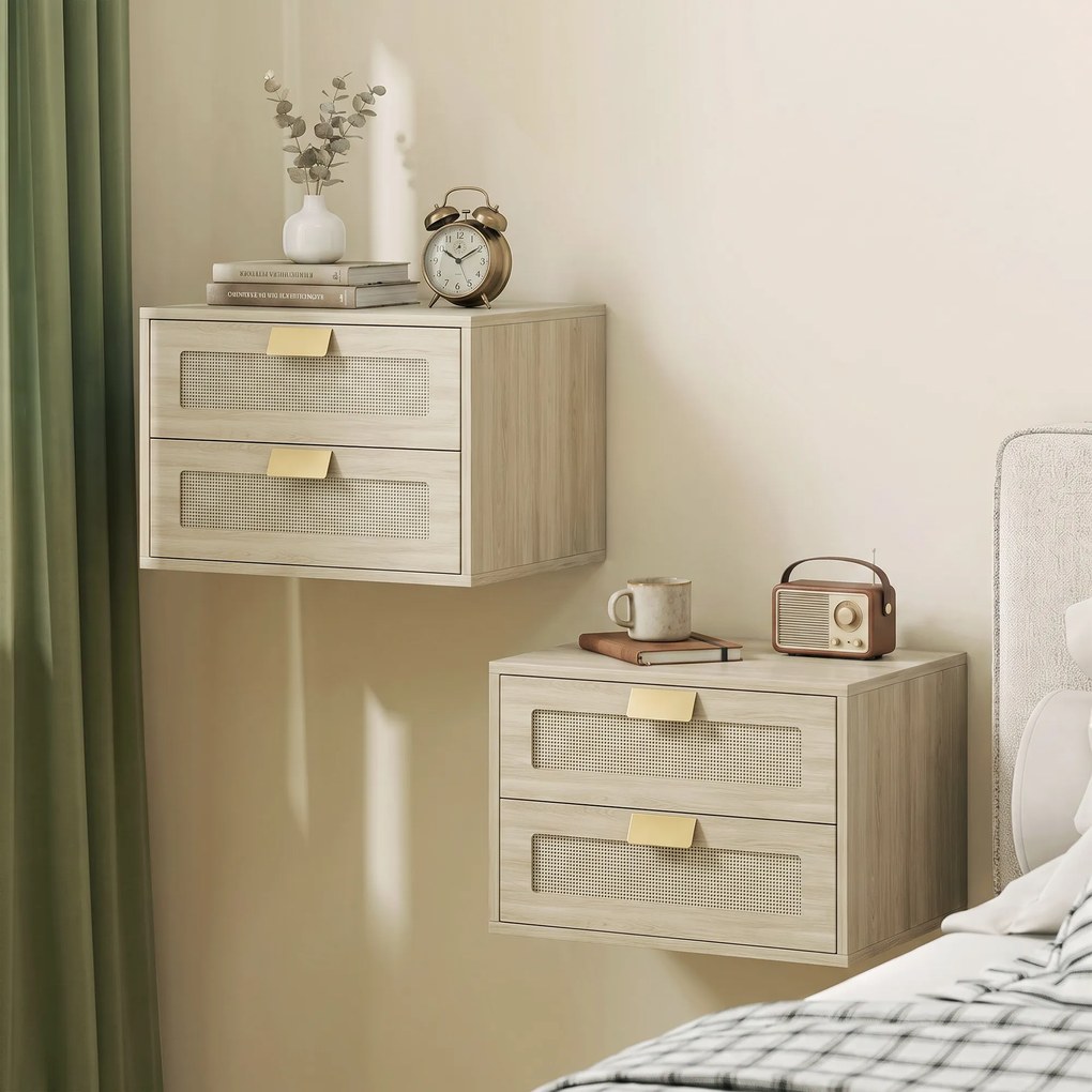 Conjunto de 2 Mesinhas de Cabeceira Suspensas com 2 Gavetas e Frente em Rotim Natural para Quarto 40x30x27,6 cm Carvalho
