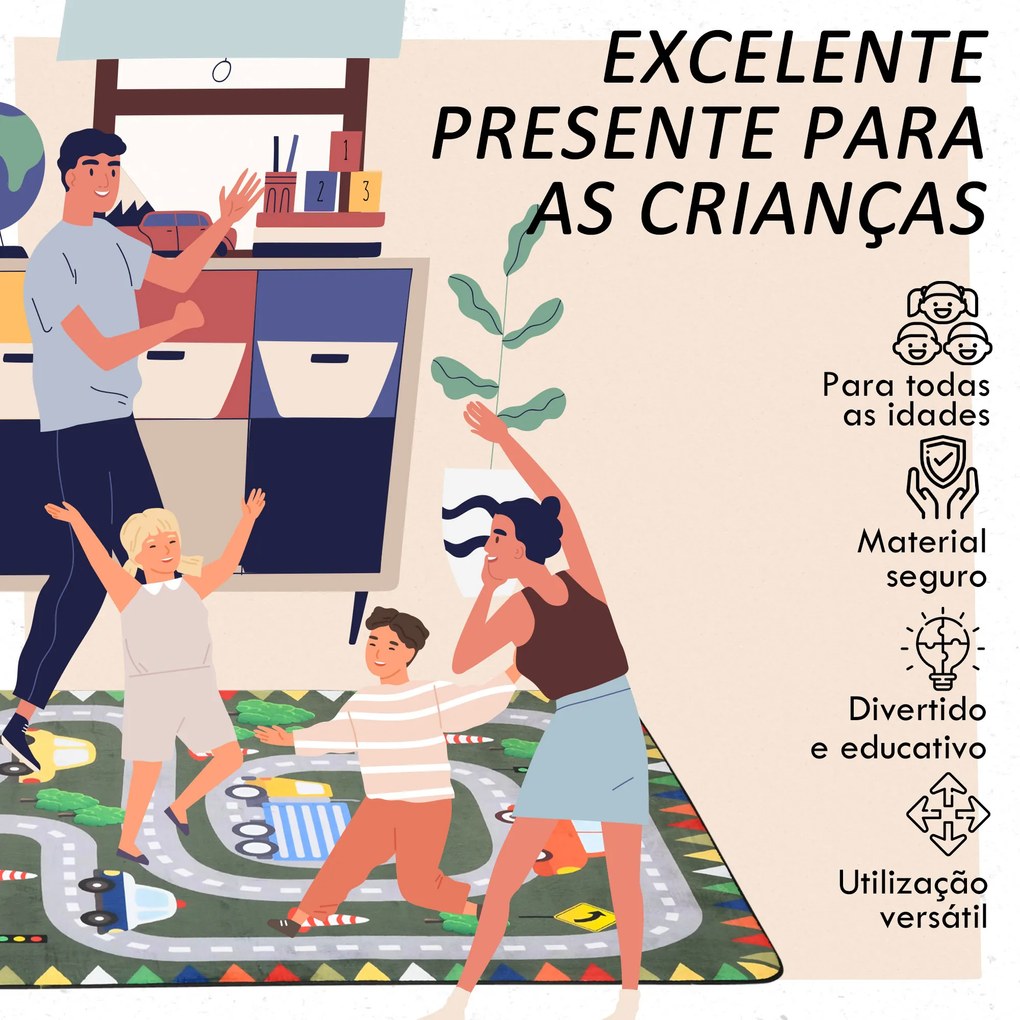 Tapete para Crianças Tapete Infantil com Desenho de Estrada e Antiderrapante 230x160 cm Verde