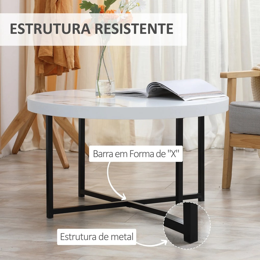 mesa de Centro Mesa de Sala de Estar Redonda com Bancada Similar ao Mármore e Estrutura de Metal para Escritório Estilo Moderno 80x80x45cm Branco e Pr