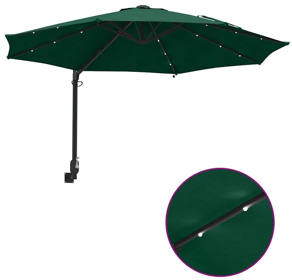 Guarda-sol de Jardim Montado na Parede com LEDs Verde 248 cm