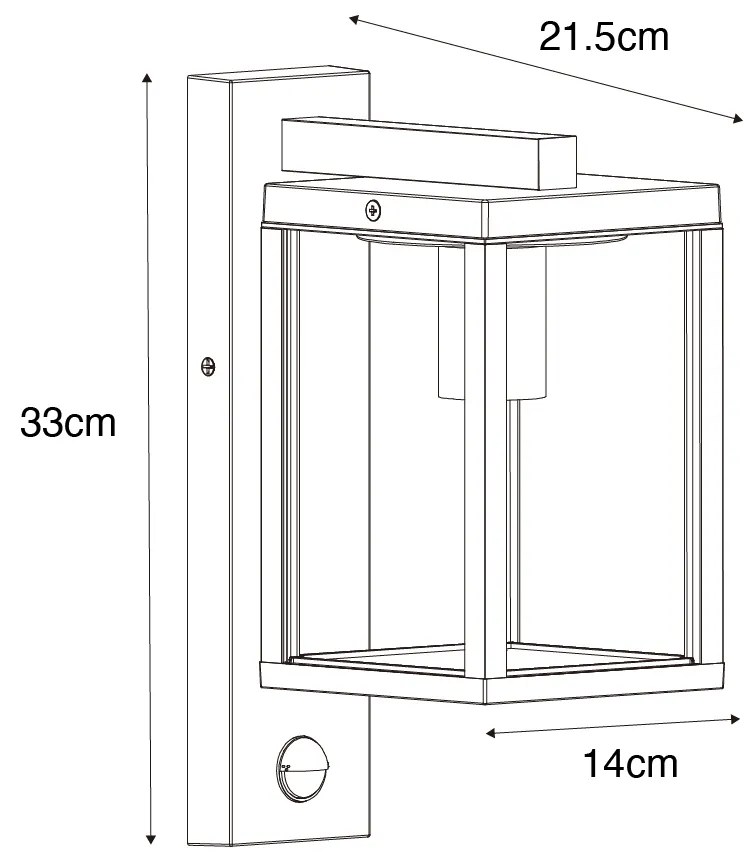 Candeeiro de parede exterior preto com vidro canelado e sensor de movimento - Charlois Moderno