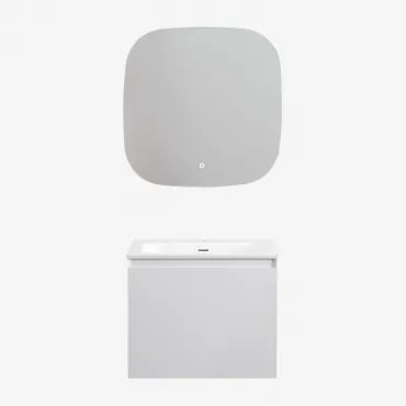 Conjunto De Móvel De Casa De Banho Suspenso Em Madeira Com Lavatório Integrado Macrae Branco & Quadrado Led E Anti-embaciamento 75x75 Cm Riben - Sklum
