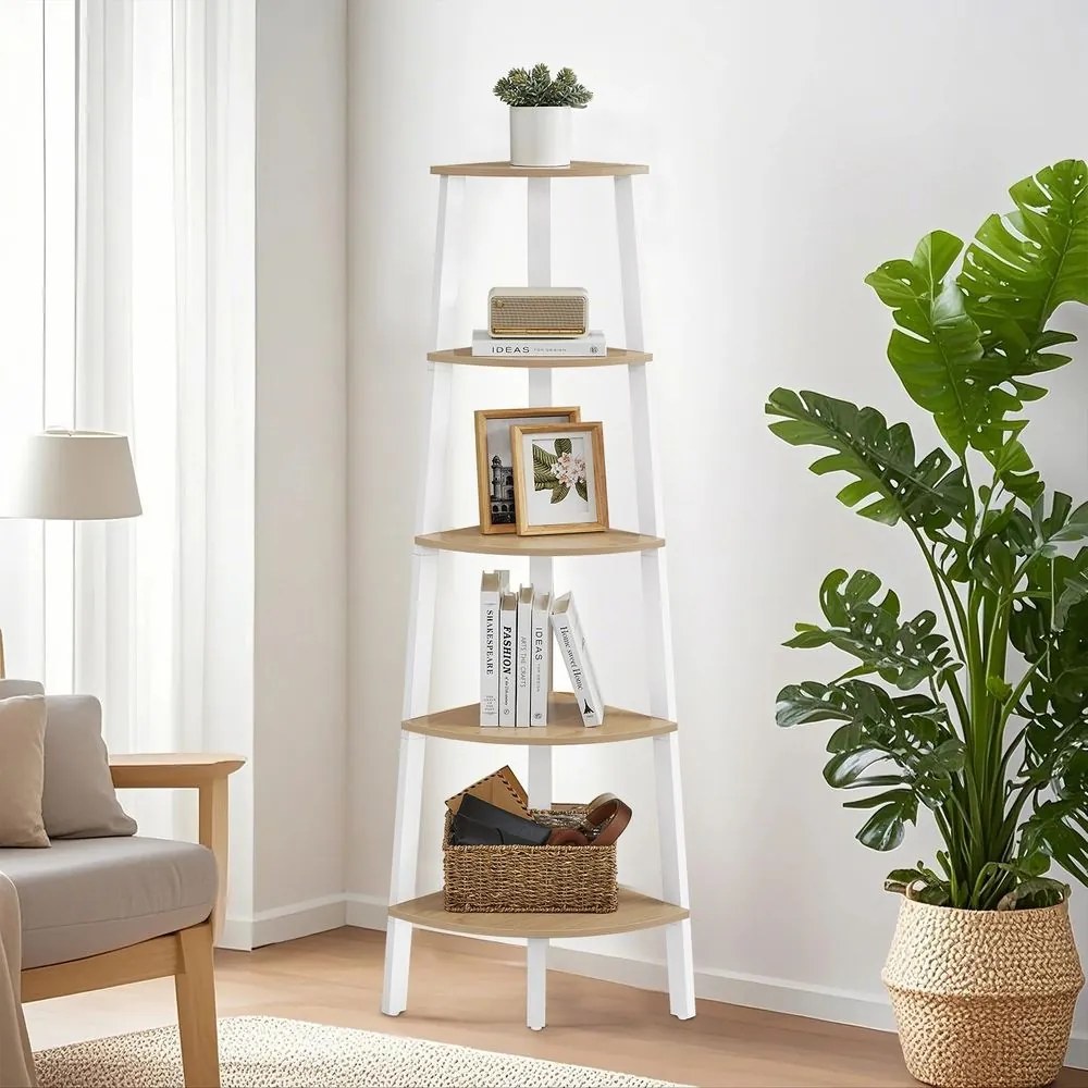 Estante em escada com 5 níveis 37,2 x 37,2 x 159 cm branco + cor natural