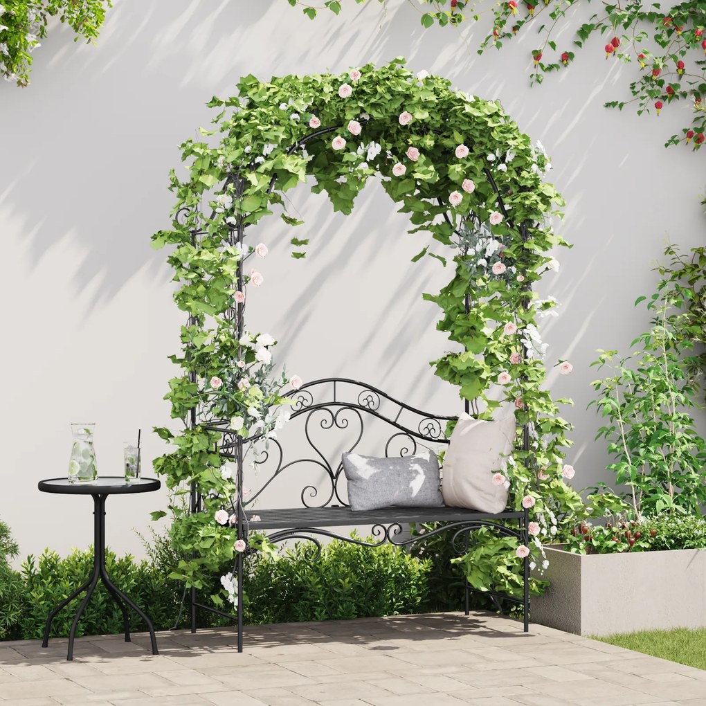 vidaXL Banco de Exterior Preto Preto Metal Grande Inserções Decorativas